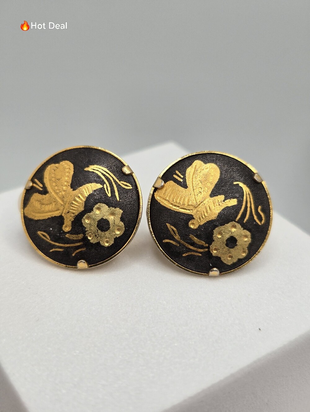 Spanish Damascene Butterfly Clip Earrings Toledo Gold Black 3/4" Vintage